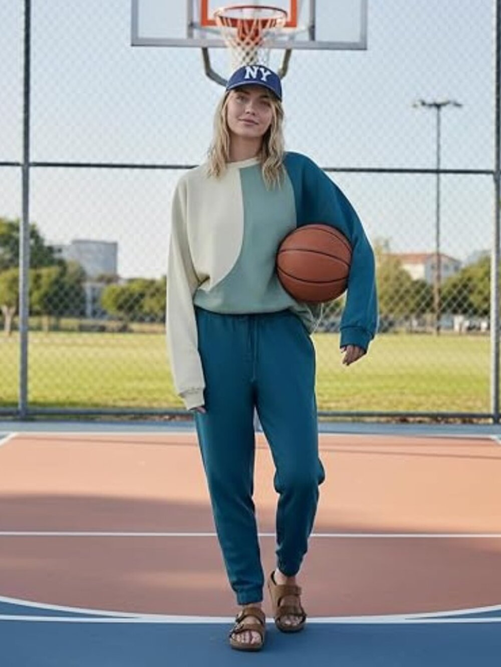 Two Piece Set Loungewear Colorblock Track Suit, Blue and Cream, Size XL